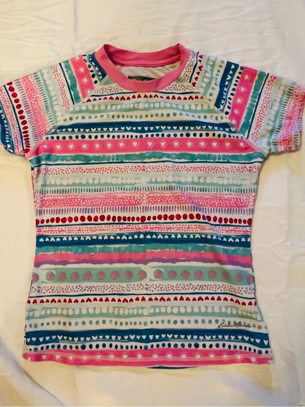 Eddie Bauer Girls' Pink, Teal & Red Striped Short Sleeve Tee